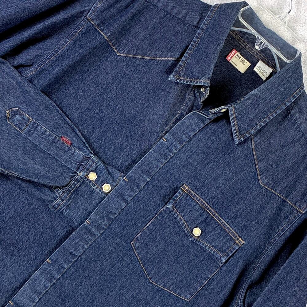 VTG Levis Red Tab Shirt Mens L Denim Hex Pearl Snap Western Workwear Preppy Y2K
